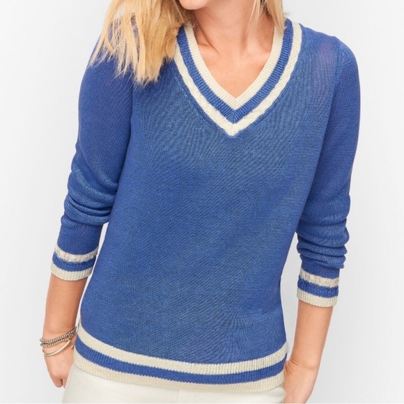 Talbots 100% Linen Blue Tipped Knit V-Neck Sweater, Size Lp - Picture 1 of 3